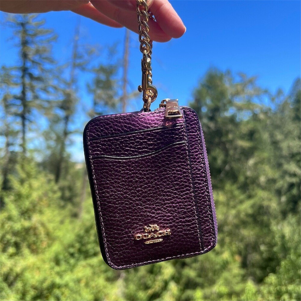 COACH Metallic Purple Zip Card Case Cardholder Wallet ID Holder Gold Hardware